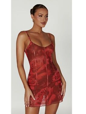 Meshki Sheer Floral Rose Mesh Bodycon Mini Dress Event Cocktail Red Small